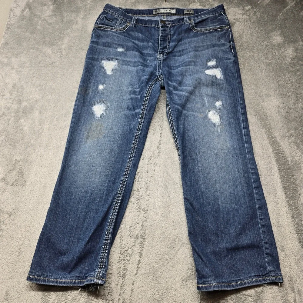 BKE Tyler Mens Distressed Straight Leg Jeans 38R Blue Button Fly ABM4298‎